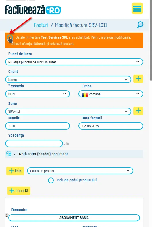 Cum pot schimba datele de pe o factură salvată? - pasul 4